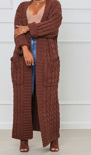 KNIT CABLE LONG CARDIGAN (BROWN)