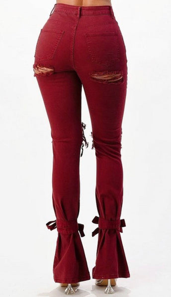 ANKLE TIED JEANS (BURGUNDY)