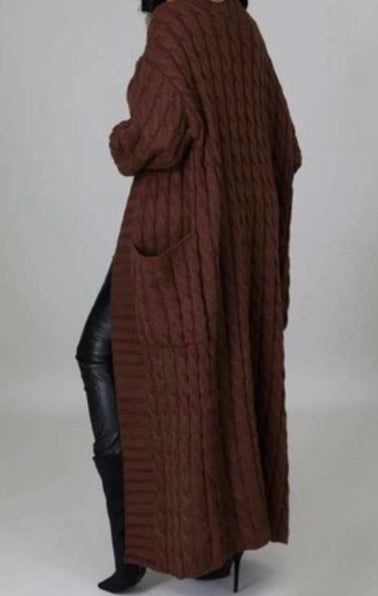 KNIT CABLE LONG CARDIGAN (BROWN)