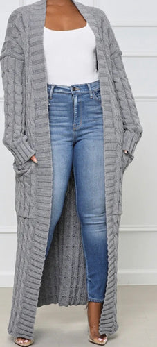 KNIT CABLE LONG CARDIGAN (GREY)